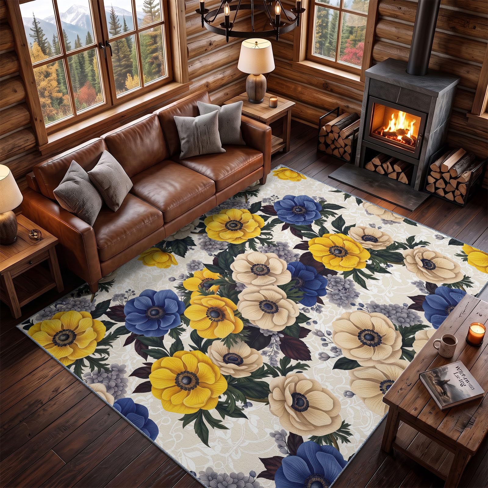 Générique Tapis Salon MotifAnémoneFeuilleMédaillonFloral 120 × 170 cm