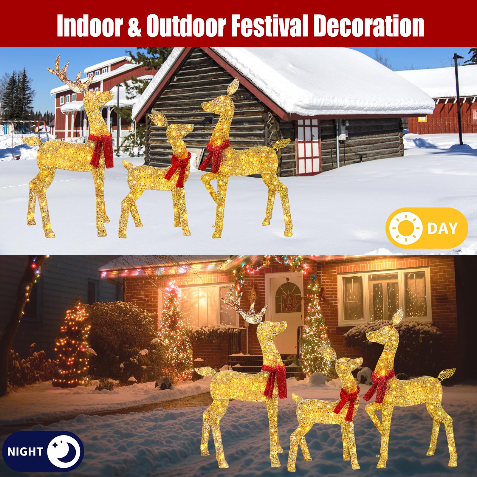 2025 3-teiliges 2D-beleuchtetes Weihnachts-Hirsch-Familien-Set, 1,2 m Outdoor-Weihnachts-Hirsch-Set, Dekoration mit 145 LED-Lichtern, Stecker für Urlaub, Vorhof, Veranda, Innendekoration, Gold
