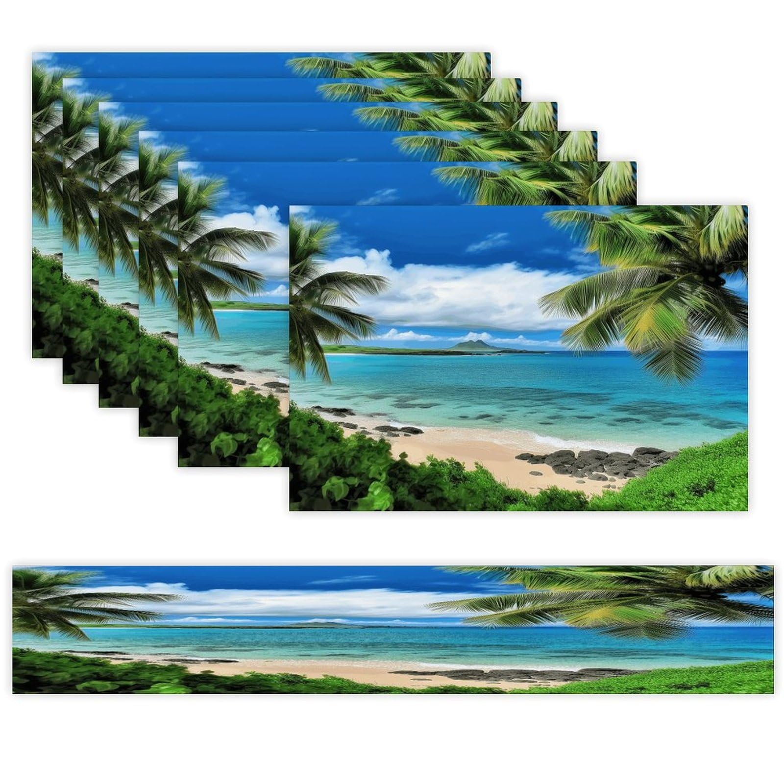 Tropical Palm Tree Hawaii Beach Table Runner and Placemats of 6 Washable Heat Resistant Place Mats with Table Runner Vintage Holiday Table Mat Set for Holiday Party Kitchen Dining Deco