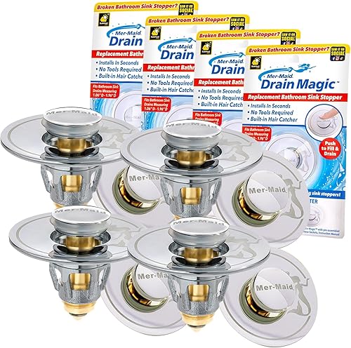 Mer-Maid Drain Magic Tapón universal para fregadero, como se ve en la TV, reemplaza los tapones rotos o faltantes, empuja para llenar y drenar,