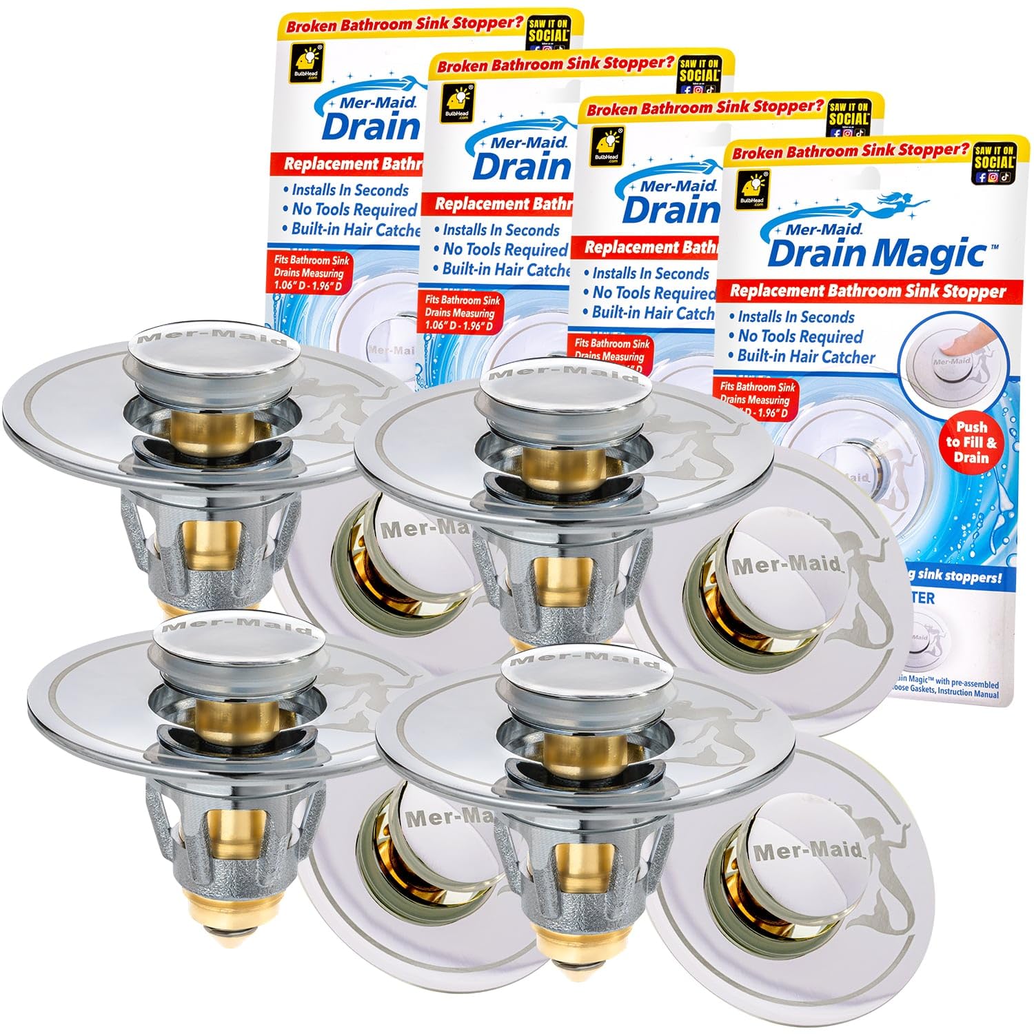Mer-Maid Drain Magic Universal Sink Stopper, AS-SEEN-ON-TV, Replace Broken or Missing Stoppers, Push to Fill & Drain, Catches Hair & Prevents Clogs, Silicone Seal, Instant Install, No Tools, 4 Pack