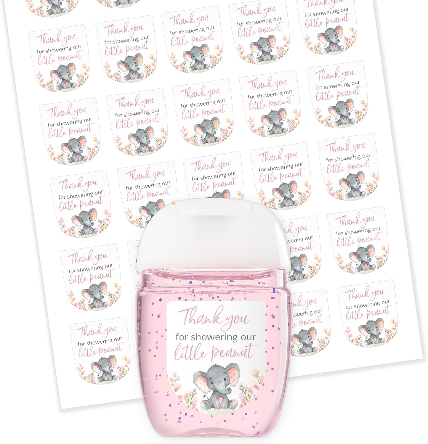 30 Pack 1 oz Mini Hand Sanitizer Labels for Baby Shower – Thank You for Showering Our Little Peanut Favor Stickers, High Gloss Waterproof It’s a Girl Pink Elephant Baby Shower Party Favors S530-1