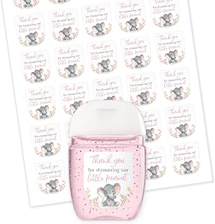 30 Pack 1 oz Mini Hand Sanitizer Labels for Baby Shower – Thank You for Showering Our Little Peanut Favor Stickers, High Gloss Waterproof It’s a Girl Pink Elephant Baby Shower Party Favors S530-1