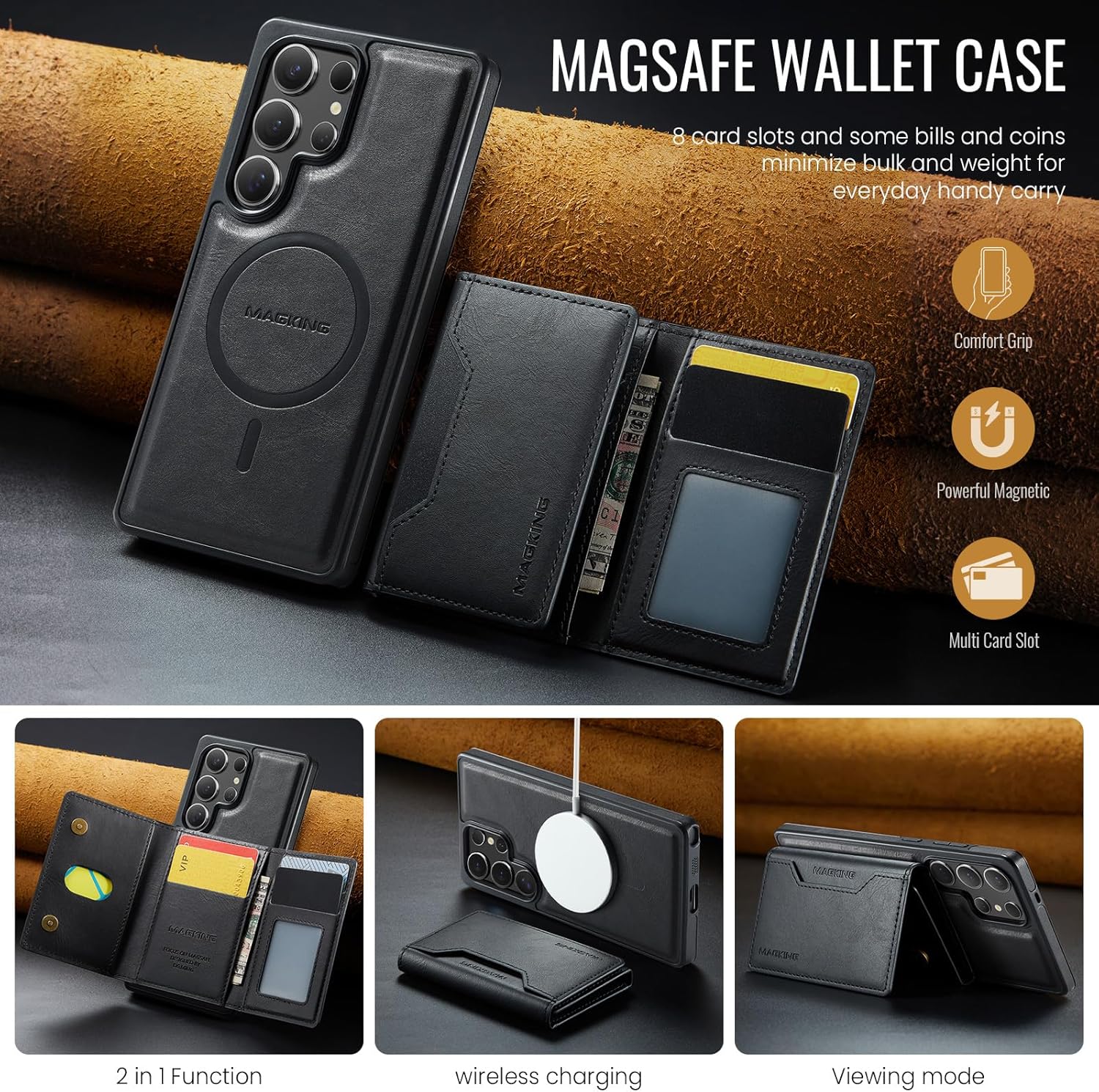 Compatible with Samsung Galaxy S25 Ultra,The 2 in 1 Detachable Fold Leather Wallet Phone Cases, Support Mag-Safe Magnetic Wireless Charging (Black) - Image 3