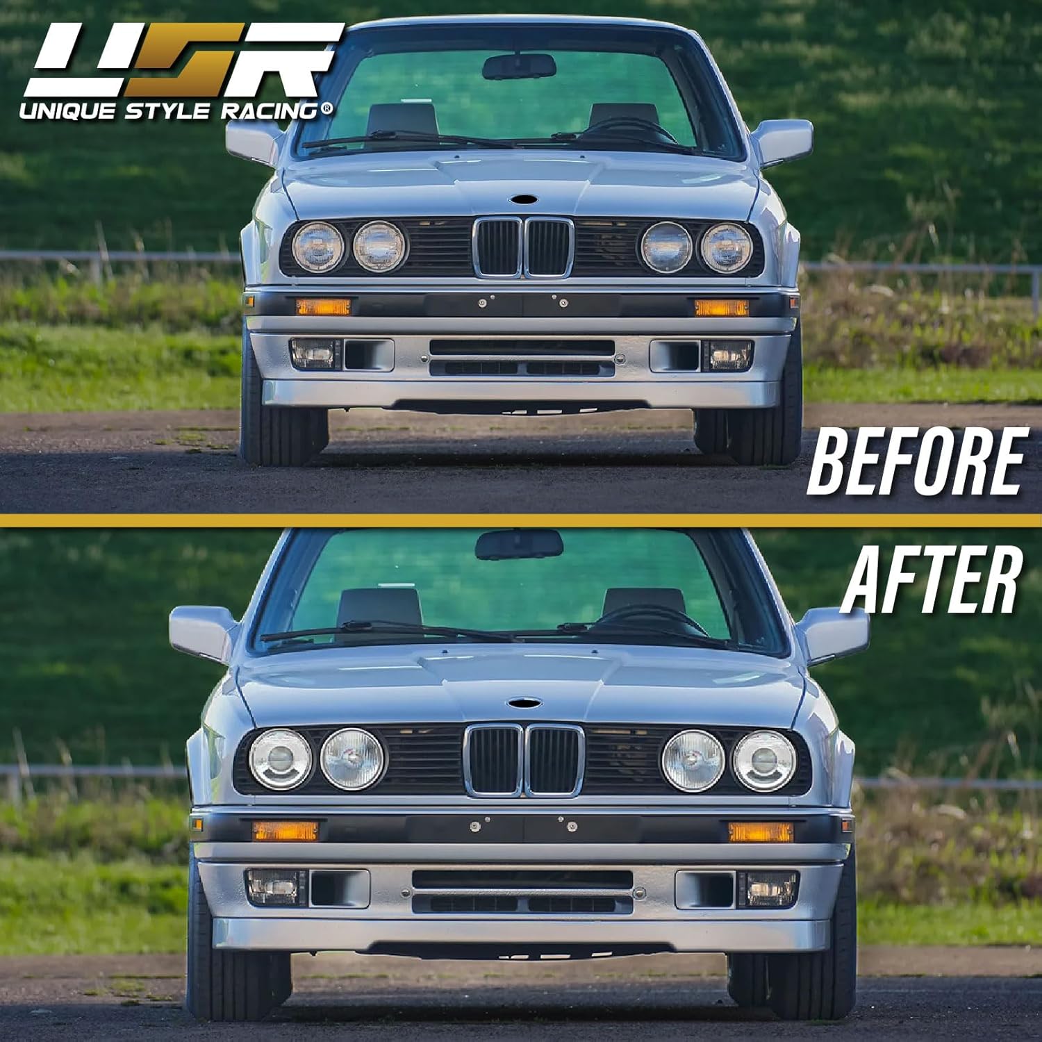 USR DEPO 84-91 E30 3 Series WITH LED UPGRADES - Euro Smiley Projector Glass Lens Headlight Assembly (Left + Right) Compatible with 1984-1991 BMW E30 3-Series including M3 (w/LEDs + Wiring, PlugnPlay)