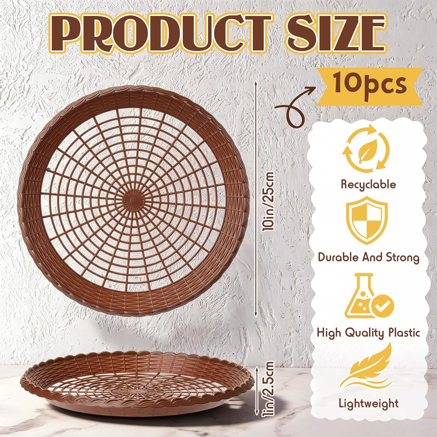 Meanplan 10 Pcs 10 Inch Plastic Reusable Paper Plate Holders Brown Hollow Woven Round Paper Plate Holder Heavy Duty Supports for Picnic Party Dinner BBQ Outdoor Cooking