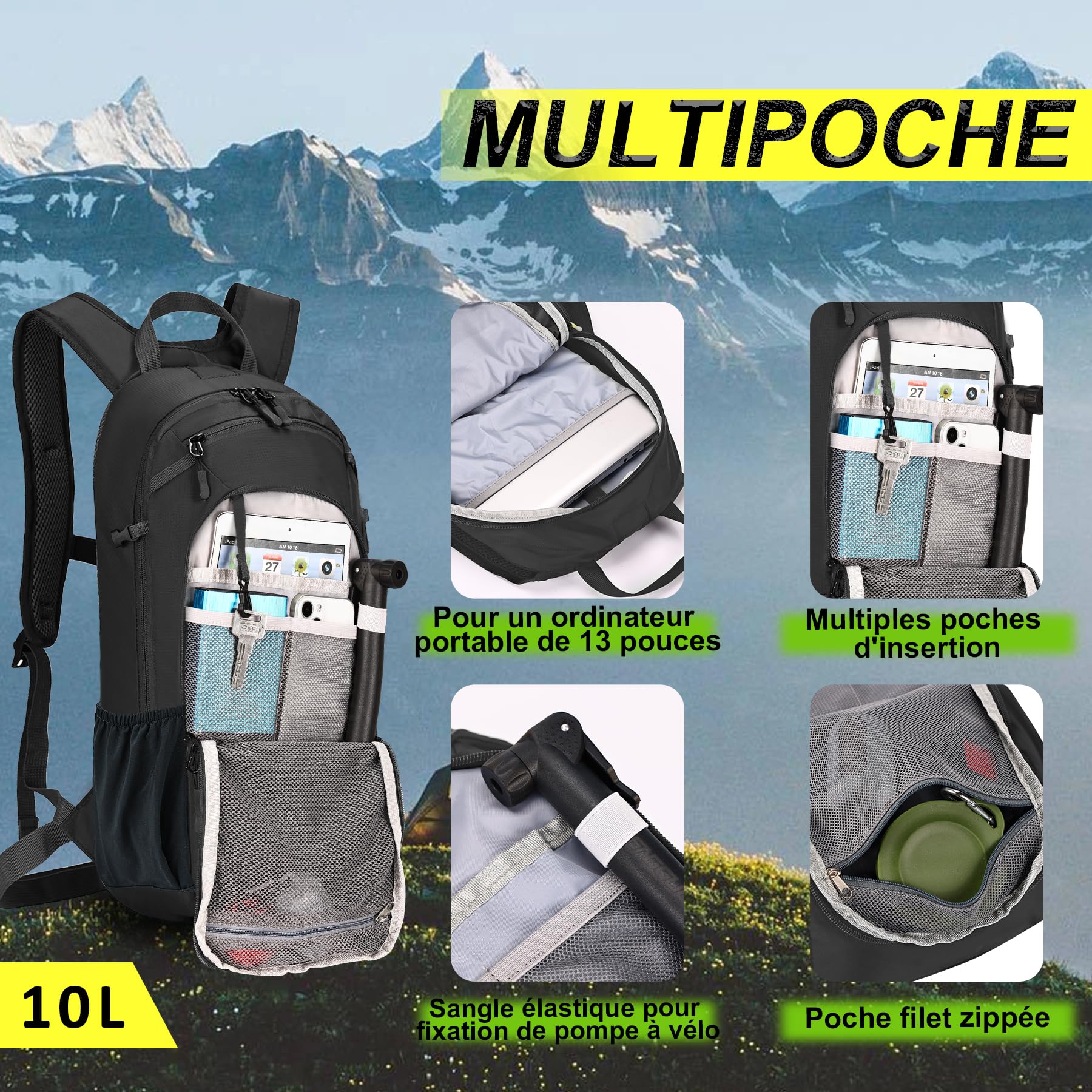 LOCAL LION Sac à Dos de Vélo 10L Sac Vtt Homme Femme Sacs à Dos de Ski pour Cyclisme Randonnée Voyage Sport Course Bicyclette Camping Ultraléger Respirable