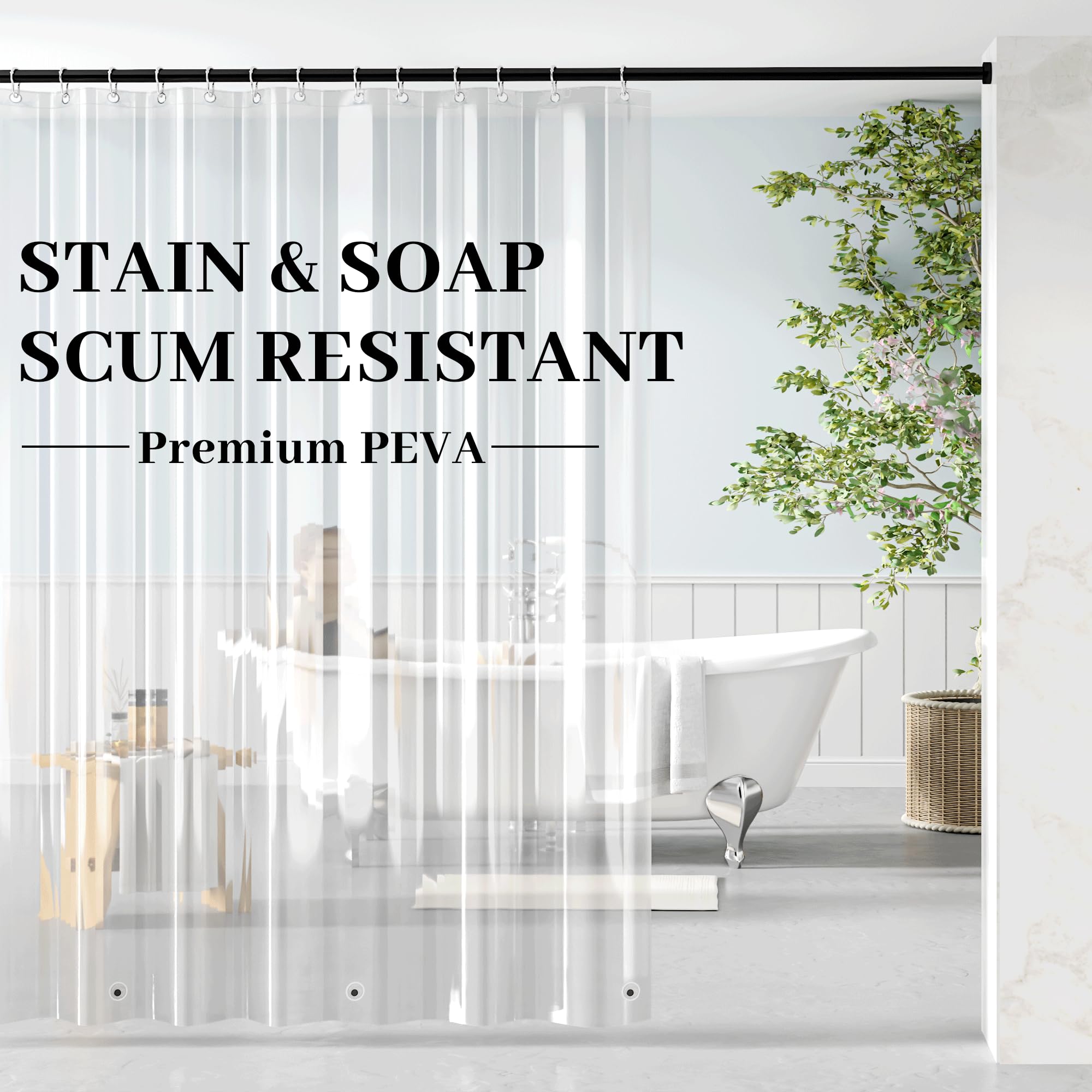 Rideau de douche transparent PEVA 178x183 cm avec 12 anneaux pour salle de bain