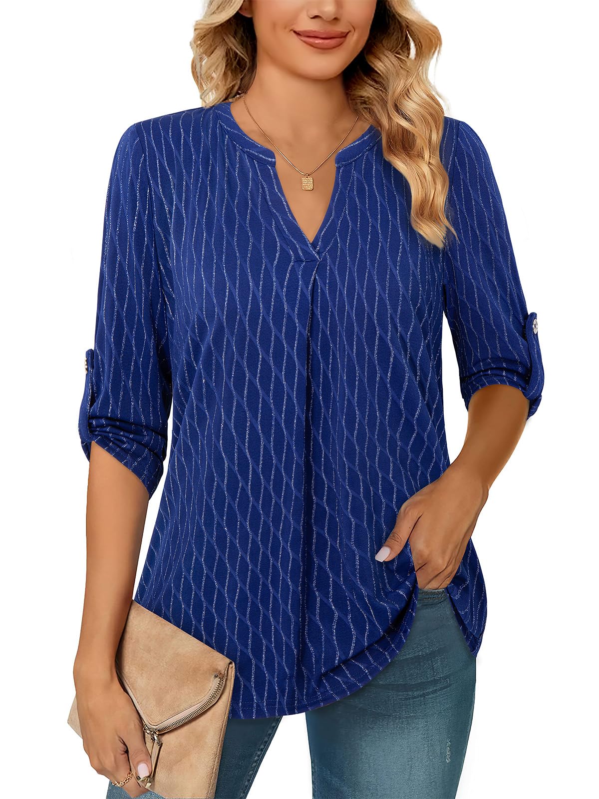 Siddhe Damen V-Ausschnitt Bluse 3/4 Ärmel Oberteile Tunika Tops Locker Longshirt Lässige T-Shirt Langarm Hemd
