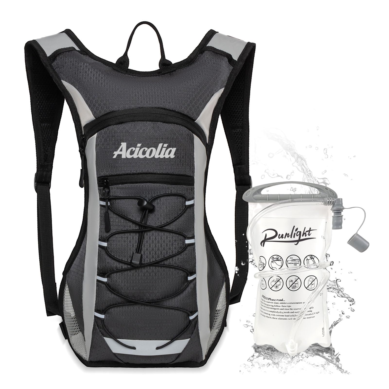 Acicolia Lightweight Hydration Backpack,Running Vest for Women Men With 1.5L Water Bladder, Hydro Water Daypack for Running,Hiking,Cycling,Climbing,Biking (Gray, One Size)