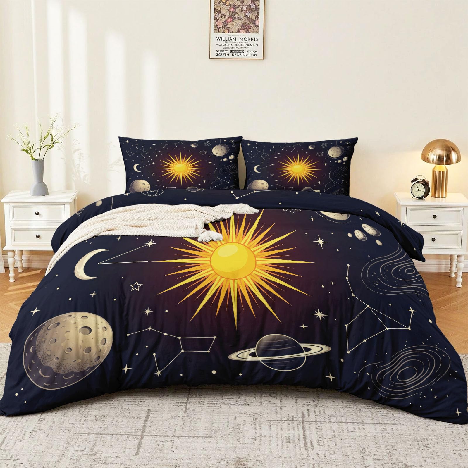 Set di biancheria da letto matrimoniale con copripiumino bohémien, reversibile, in morbida microfibra traspirante, con sole, luna e stelle, 200 x 200 cm, con 2 federe, facile da pulire