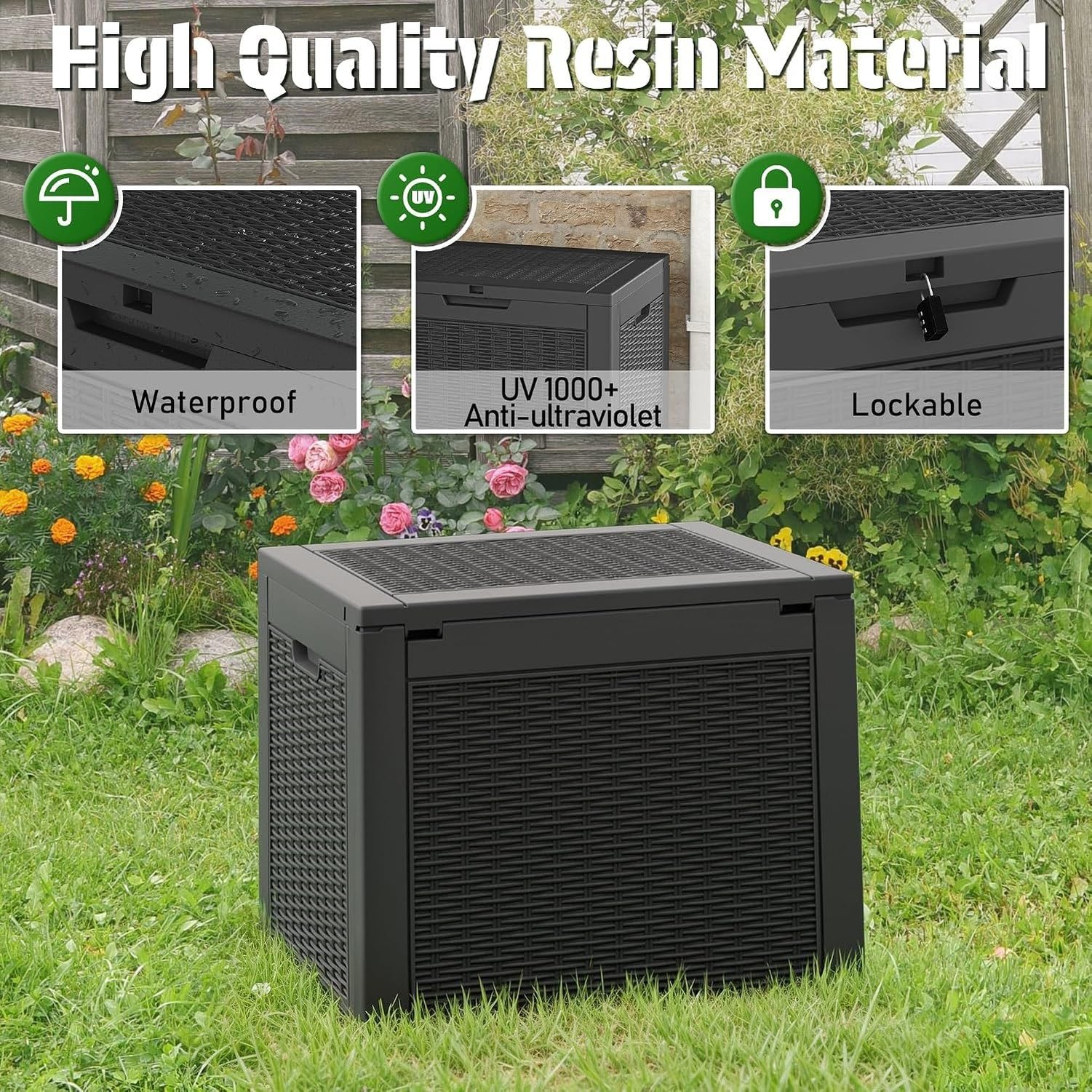 Baulera Exterior Impermeable 130L para Almacenaje Terraza, Ratán Negro