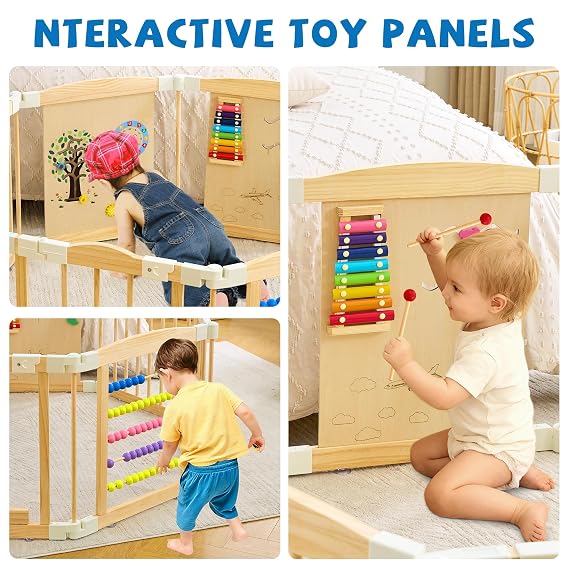 Wooden Baby Playpen, Foldable Play Yard with Built-in Toys 47x24