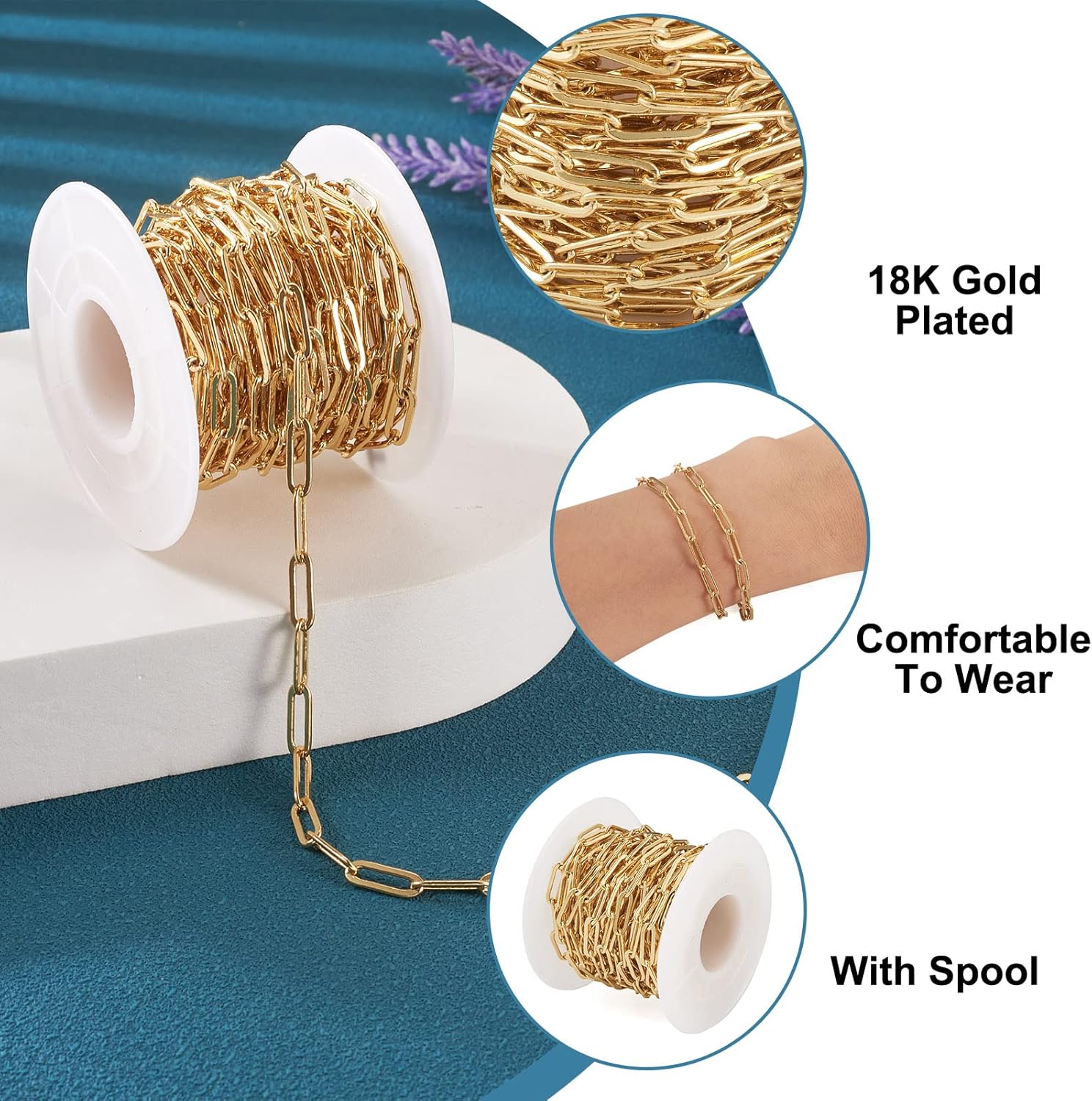 Pandahall 16.4 Feet 18K Gold Plated Brass Paperclip Chains 12x4x0.8mm Soldered Flat Oval Cable Chains with Spool for DIY Necklace Jewelry Making - Image 2