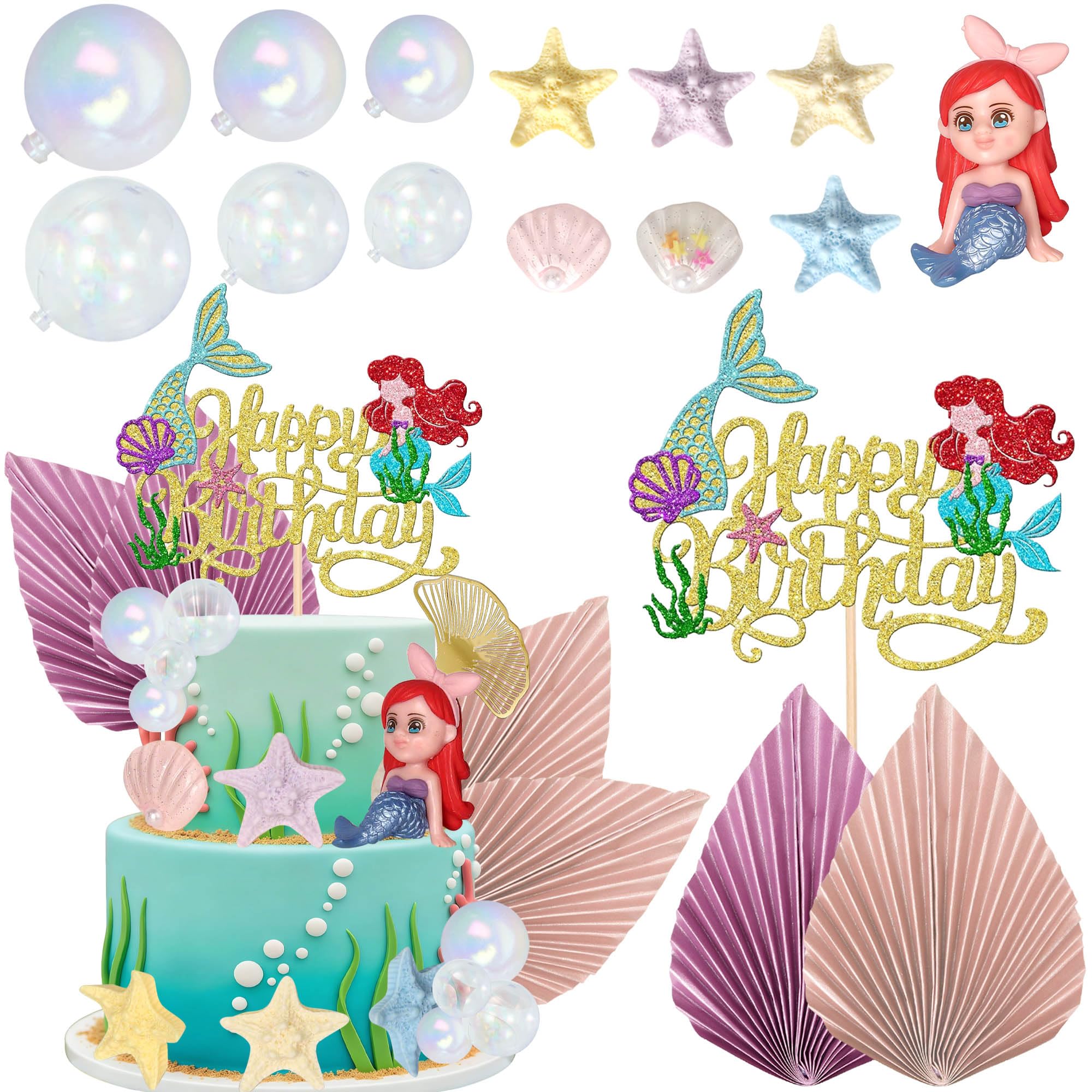 SYKYCTCY 17 Pack Mermaid Cake Topper Mermaid Cake Decorations Mermaid Happy Birthday Cake Topper Balls Cake Picks Seaweed Shells Starfish Coralal Under the Sea Cake Decorations — image 1