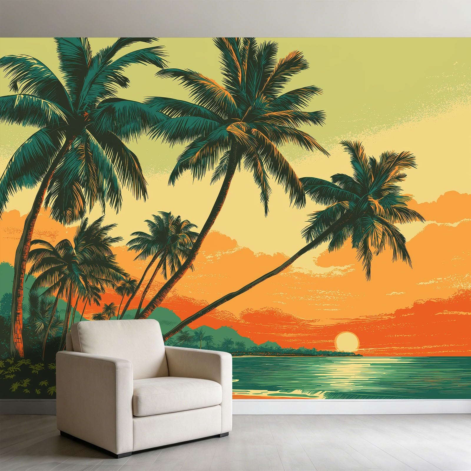 Fototapeta z włókniny 500 x 280 cm, tropikalny zachód słońca, palma, tapeta do salonu, nowoczesna tapeta z włókniny, XXL, tapeta ścienna, tapeta z motywem, efekt 3D, dekoracja ścienna, żółta