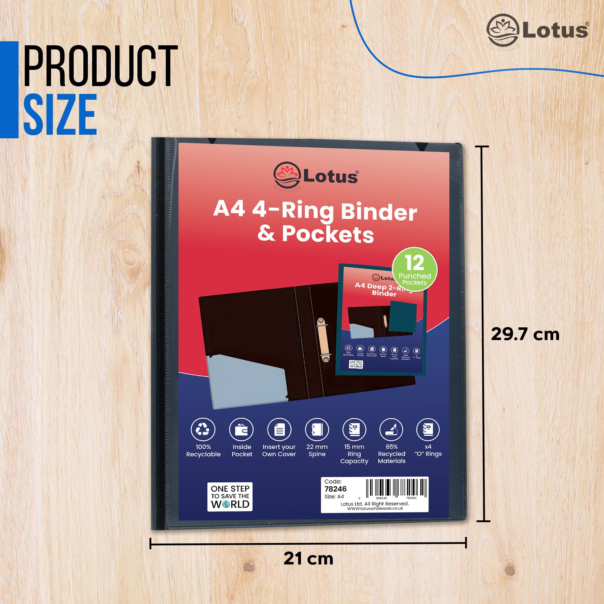 Lotus 78246 Classeur à anneaux A4 + 12 pochettes perforées Noir a4 Noir