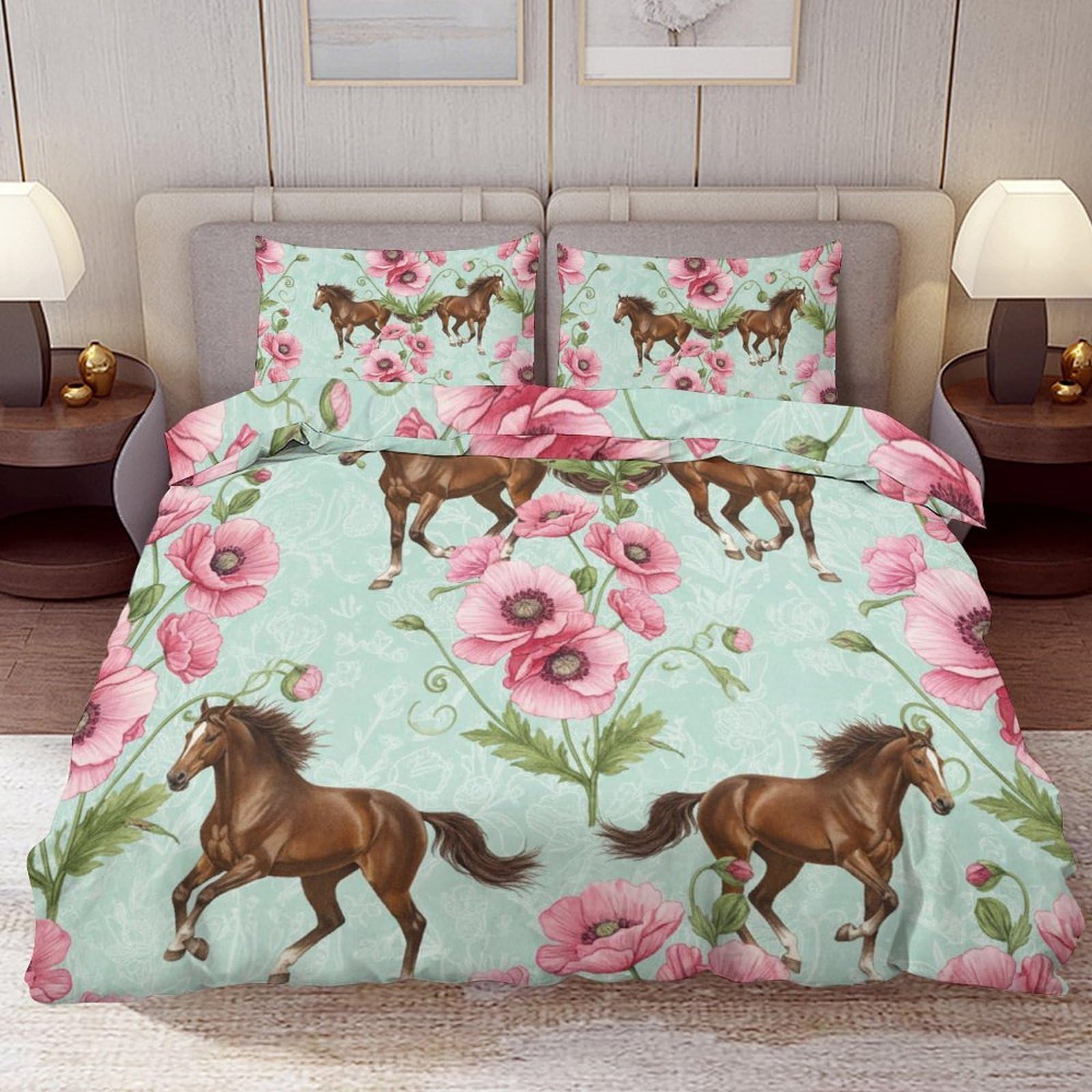 Delerain Comforter Cover Set King Size, Brown Horses Poppy Flower 3-Piece Bedding Set for Women Men Modern Soft Microfiber Bedroom Set Room Decor, 1 Duvet Cover + 2 Pillowcases