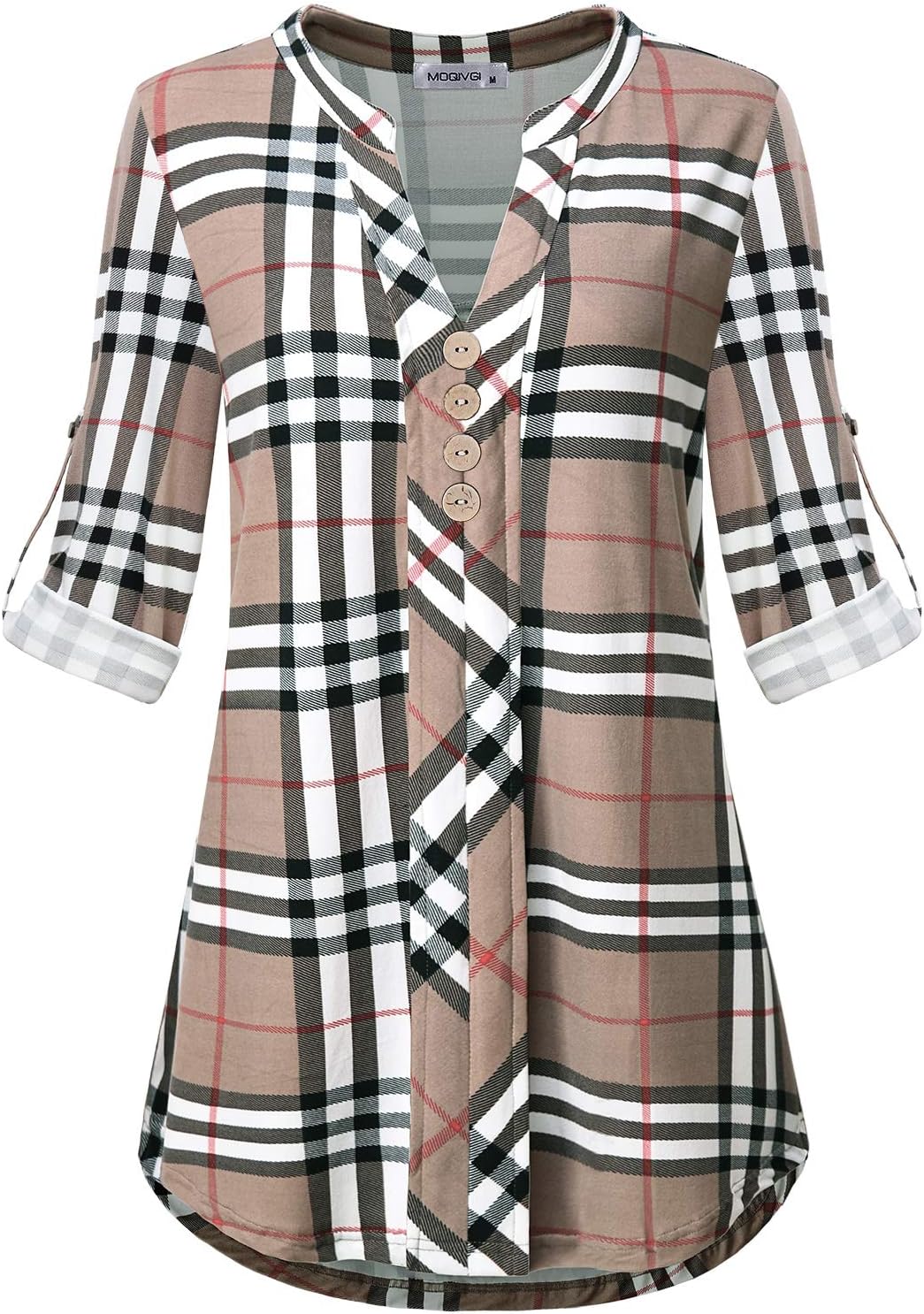 MOQIVGI Work Blouses for Women,Tartan Plaid 3/4 Long Sleeve Vneck Shirts Chic Nice Leisure Loose Fitting A Line Pleated Shirttail Dressy Blouse Ladies Business Casual Clothes Apricot X-Large