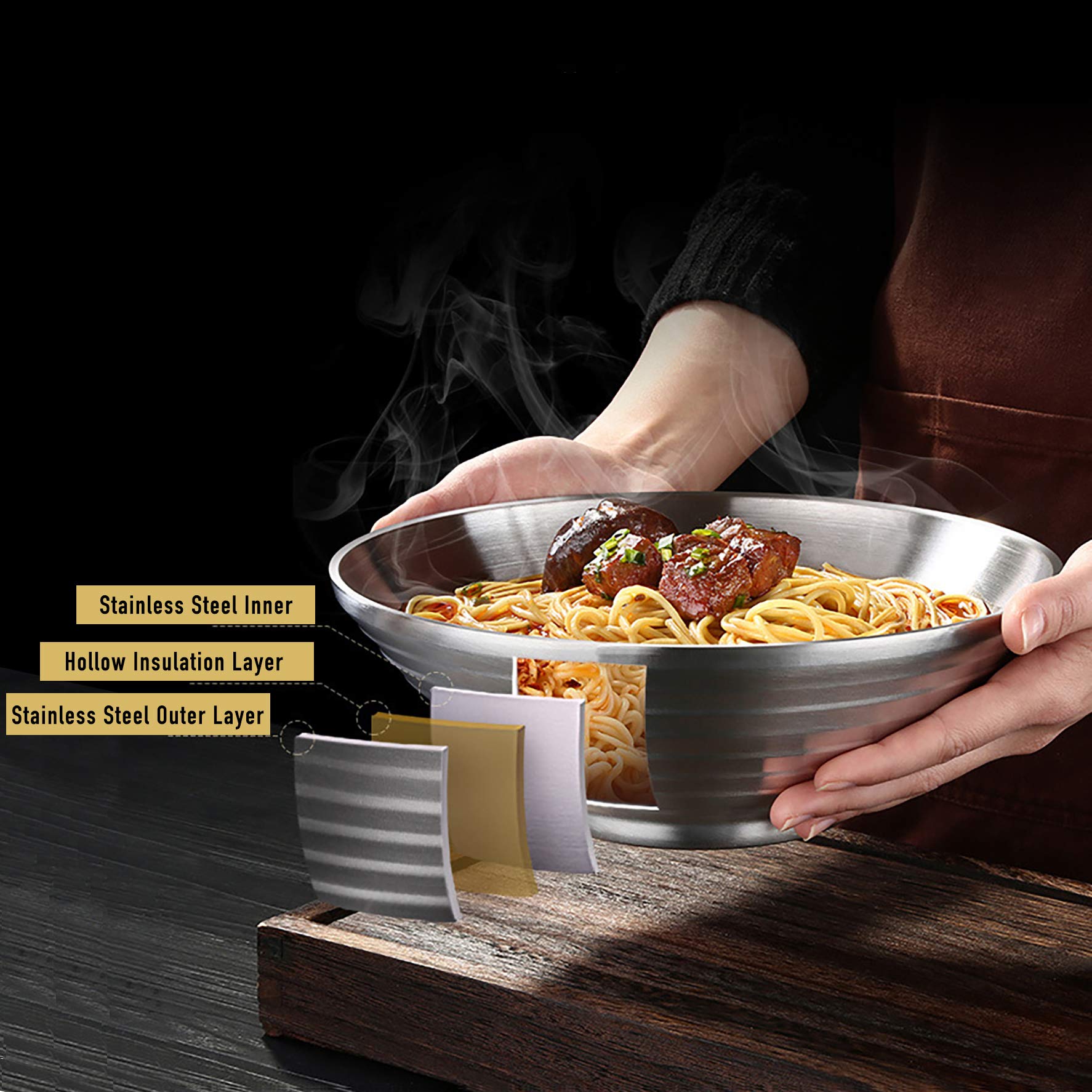 Lot de 2 grands bols japonais de 24cm x 8.5cm, avec cuillères et baguettes assorties, bol à ramen en acier inoxydable 18/10, grands bols à soupe asiatique, bol Udon épais