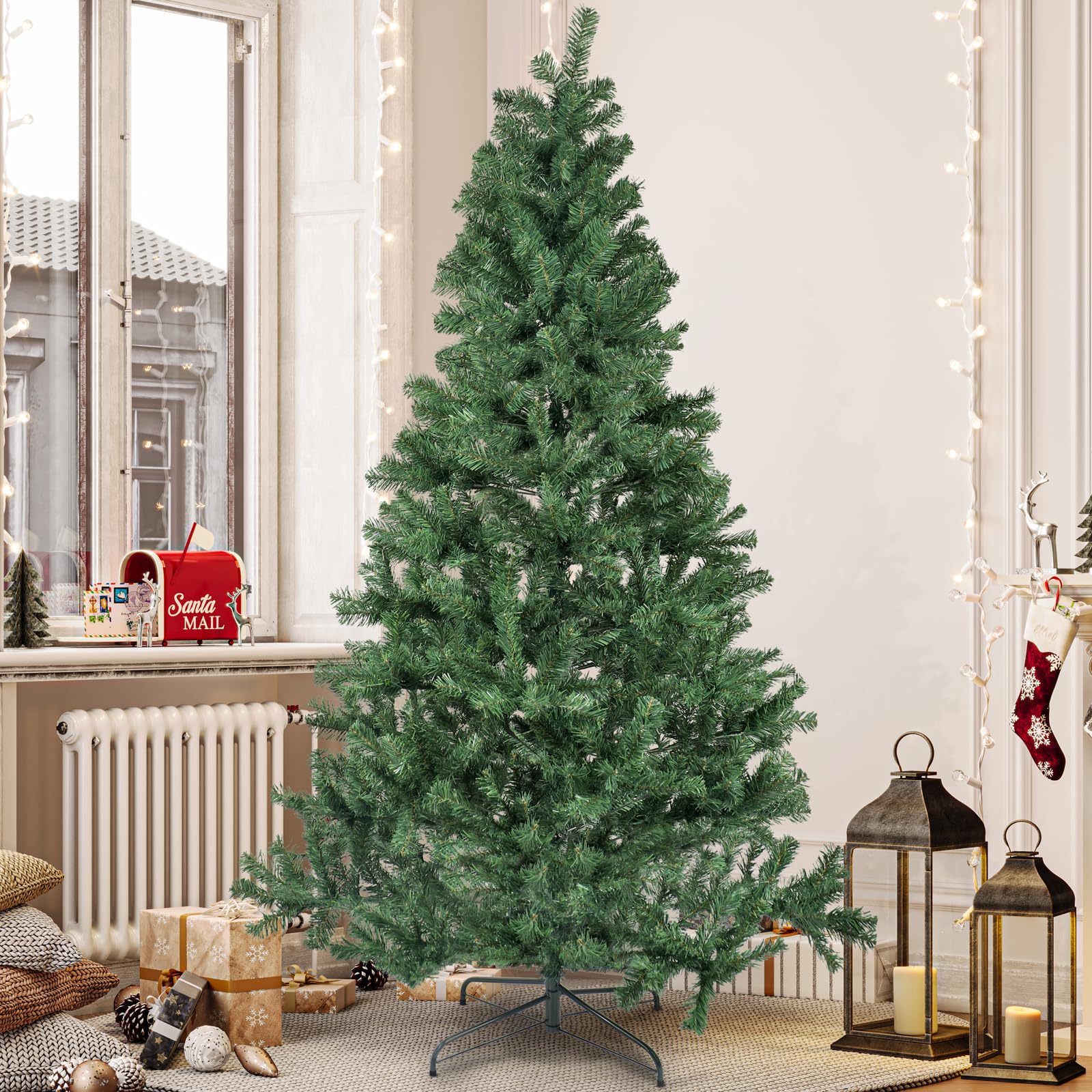 Dripex 7FT Artificial Christmas Tree, Realistic Green Xmas Full Tree with Foldable Metal Stand, 710 Branch PVC Mixed Tips, Perfect for Home Holiday Party Decorations