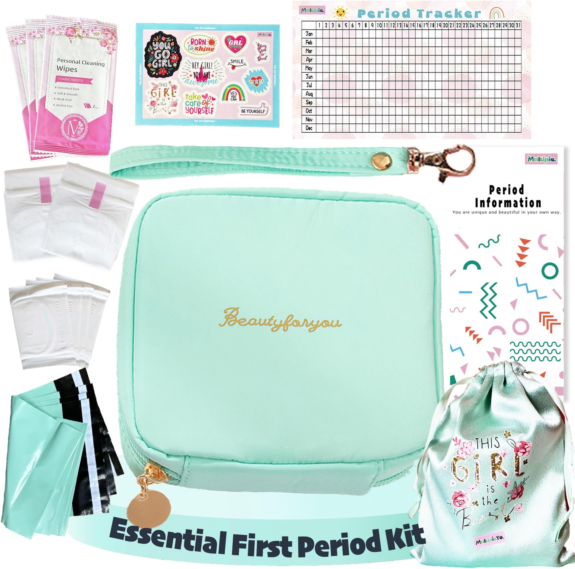 Essential First Period Kit for Girls 10-12 | Period Bags for Teen Girls for School | First Period Gift with Sanitary Pad Storage Bag, Wipes, Period Tracker and More(Mint)