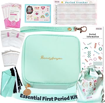 Essential First Period Kit for Girls 10-12 | Period Bags for Teen Girls for School | First Period Gift with Sanitary Pad Storage Bag, Wipes, Period Tracker and MoreMint