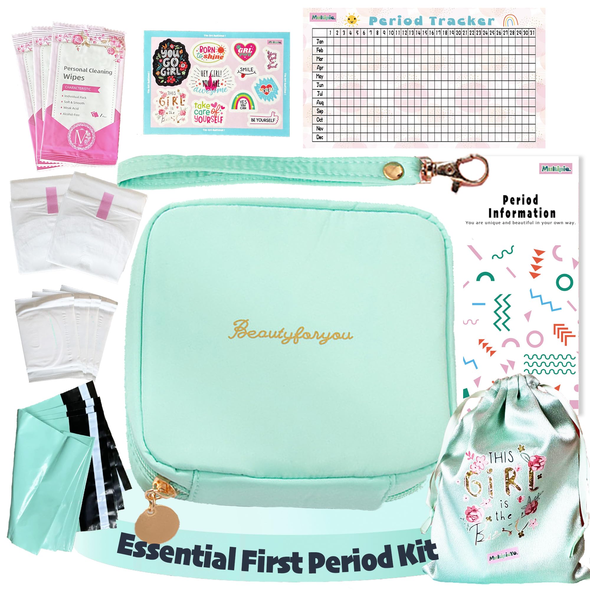 Essential First Period Kit for Girls 10-12 | Period Bags for Teen Girls for School | First Period Gift with Sanitary Pad Storage Bag, Wipes, Period Tracker and More(Mint)