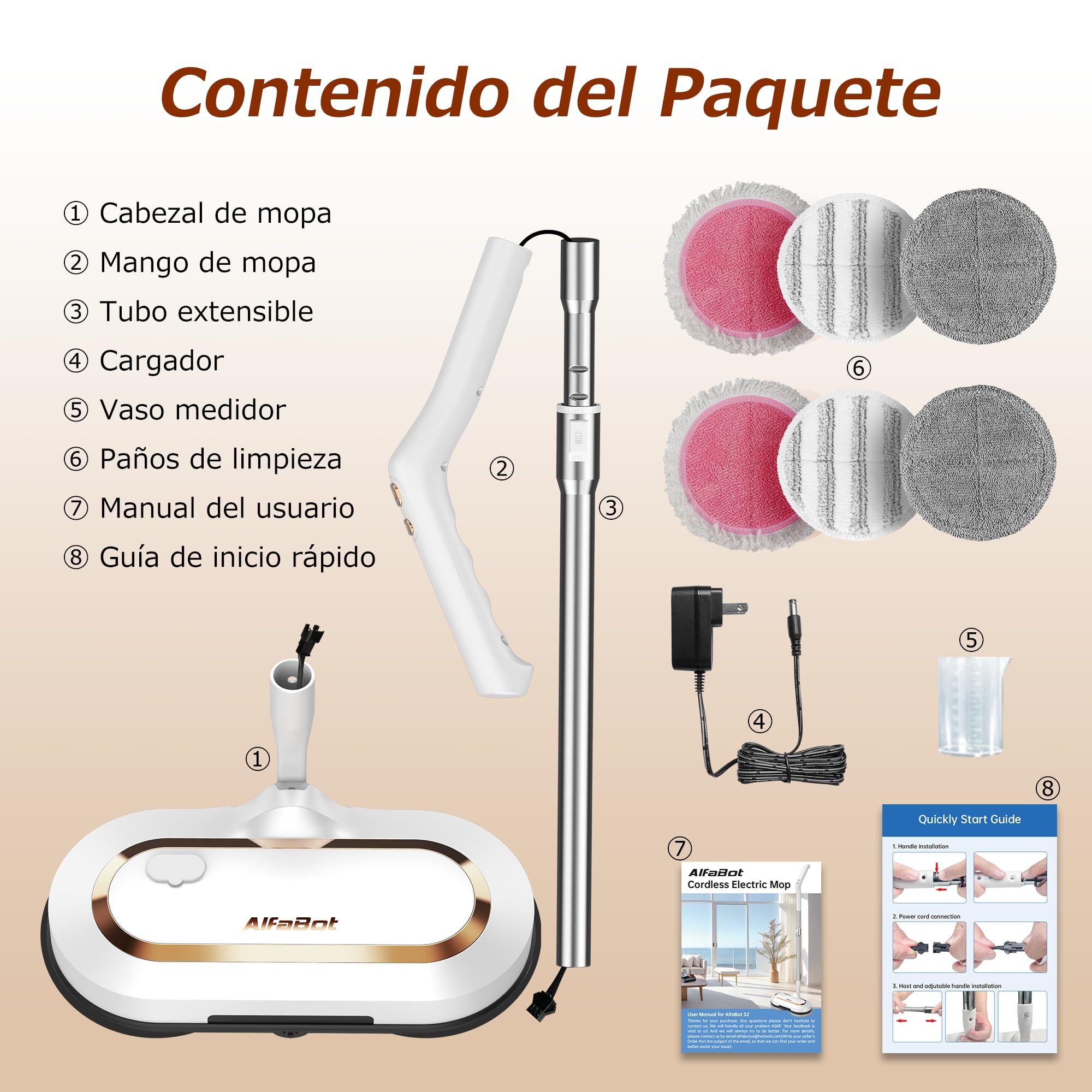 AlfaBot S2, Frefona Eléctrica Inalámbrica 400ML, 60min de Autonomía, Mopa Eléctrica sin Cable con Función de Pulverización y LED, Para Limpiar, Fregar y Pulir para Suelos de Madera y Baldosas