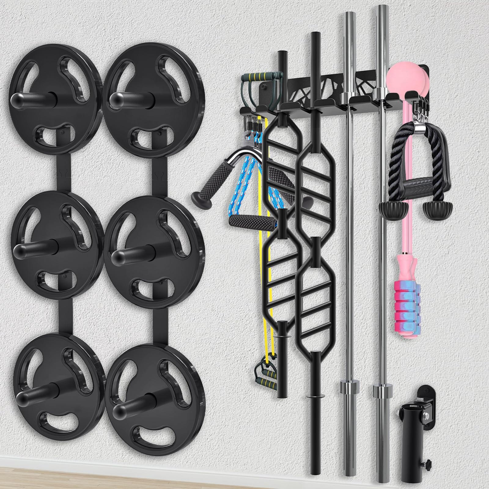 Kipika Gym Organizer-Set – Hantelscheiben-Aufbewahrungsregal (2 Stück), Langhantel-Aufbewahrungsregal mit T-Stange, Landminen-Plattform-Befestigung – langlebige