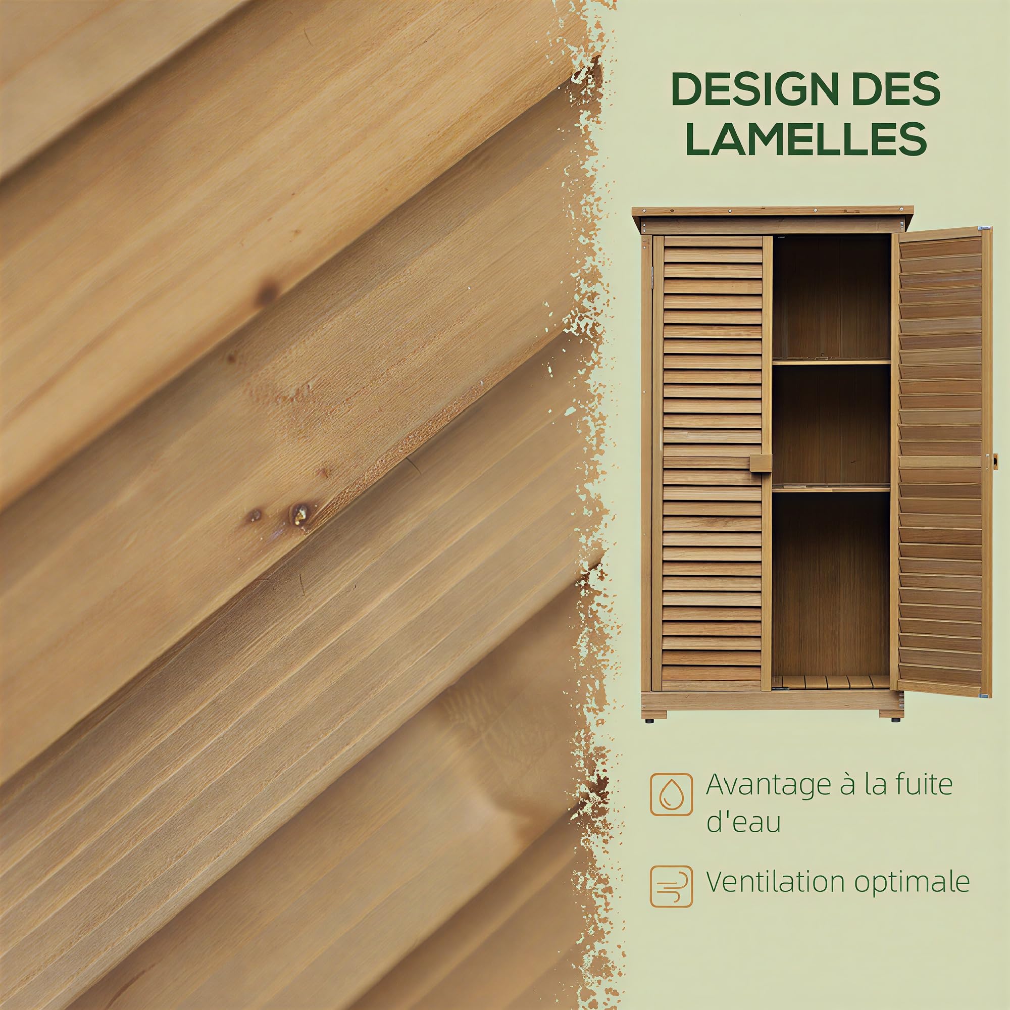 Outsunny Abri de Jardin abri à Outils sur Pied en Bois 2 étagères Portes à Volets Toit en Bitume incliné 87 x 47 x 160 cm Naturel