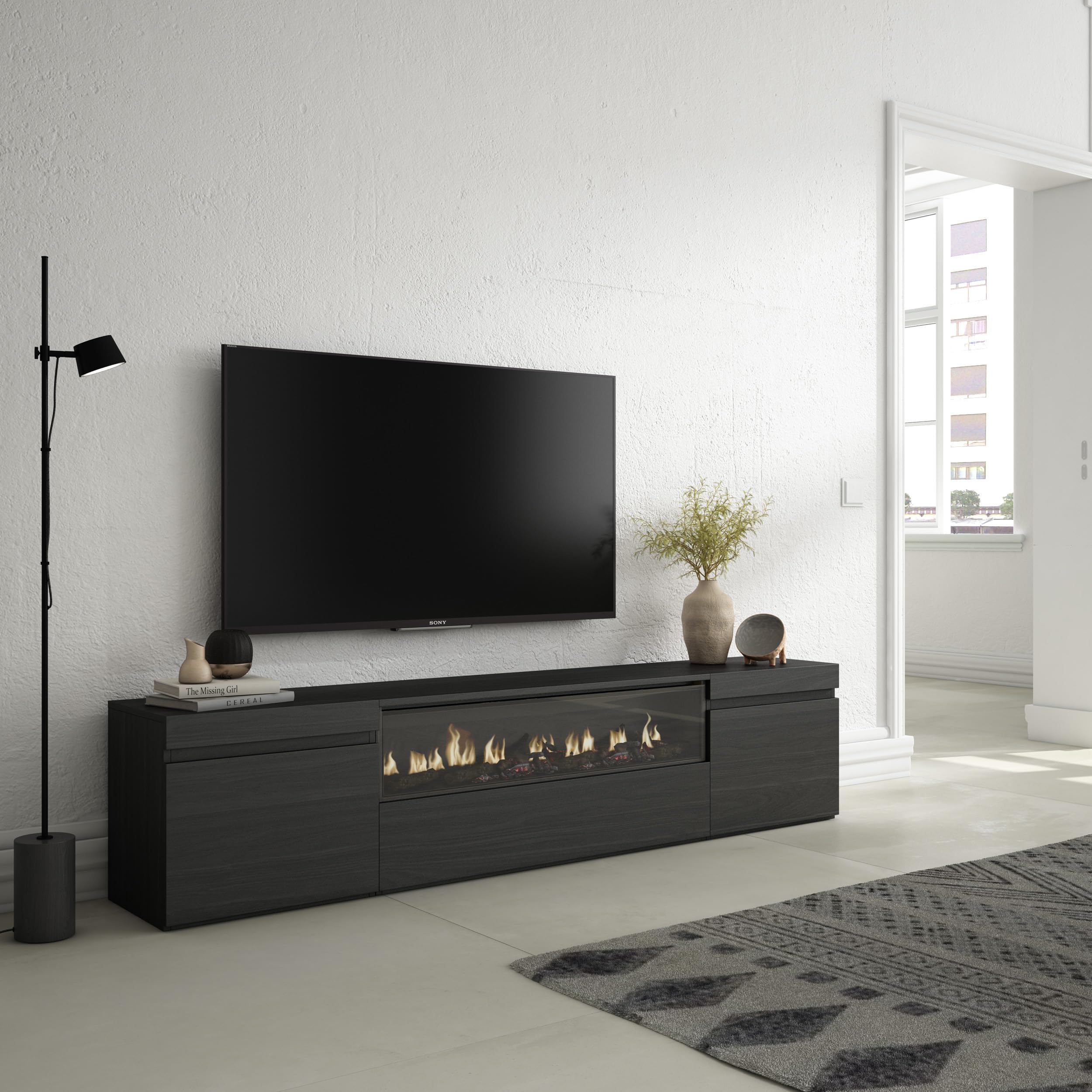 Skraut Home | Mueble TV | Televisión | Muebles de salón, almacenaje | 200x45x35cm | para TV hasta 80" | Chimenea eléctrica | Estilo Moderno | Negro