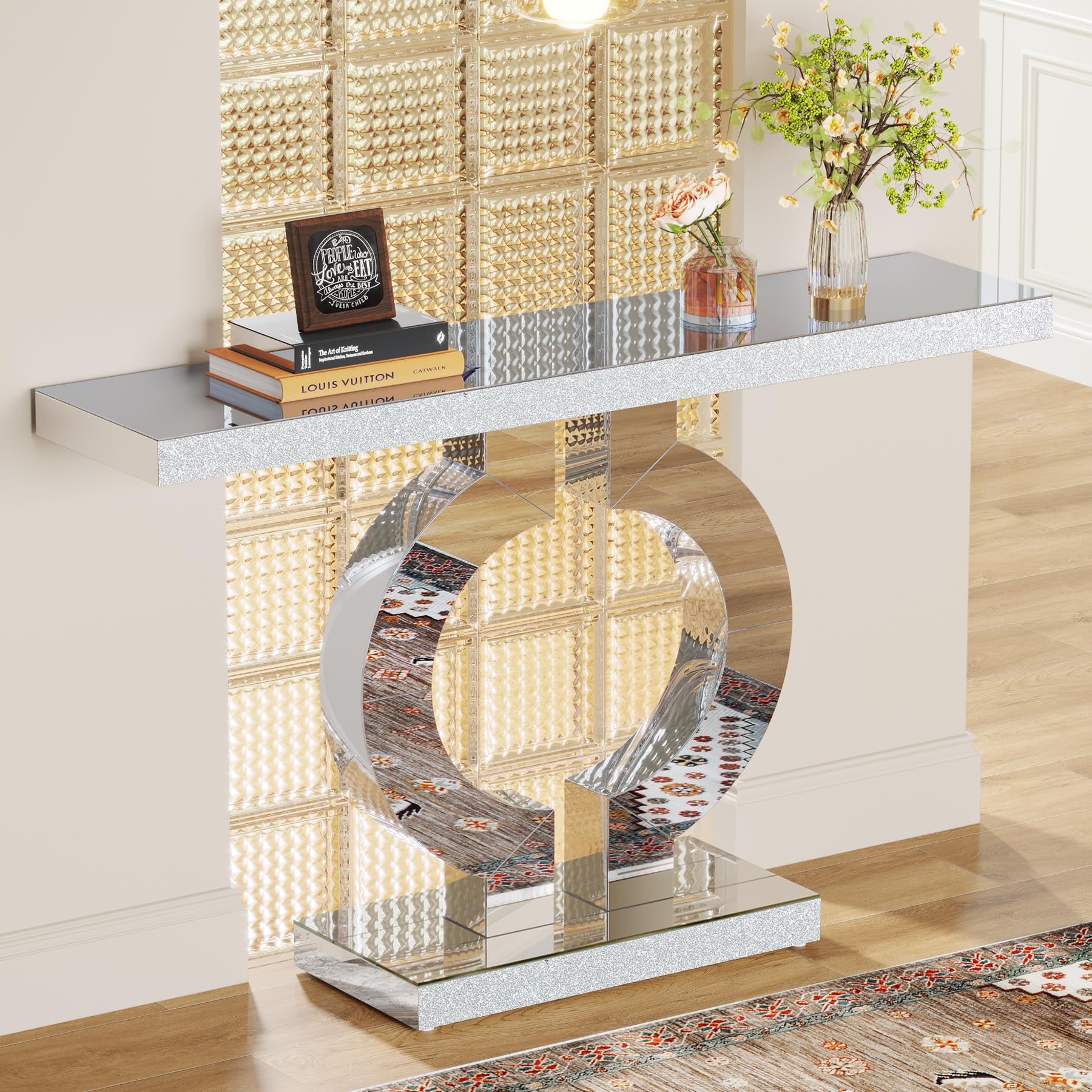Tribesigns Modern Mirrored Console Table, Glass Sofa Table with Mirror Finish, 43-Inch Entryway Table with O-Shaped Base - Image 8