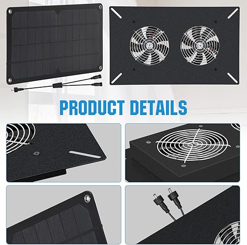 Miniatura 8 de ECO-WORTHY Kit de ventilador de escape de doble carcasa metálica con energía solar de 20 W, impermeable y listo para gallineros, invernaderos,
