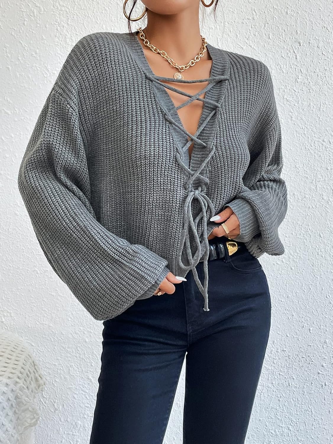 Women's Sweater Lace Up Front Drop Shoulder Sweater Sweater for Women (Color : Gray, Size : Medium)