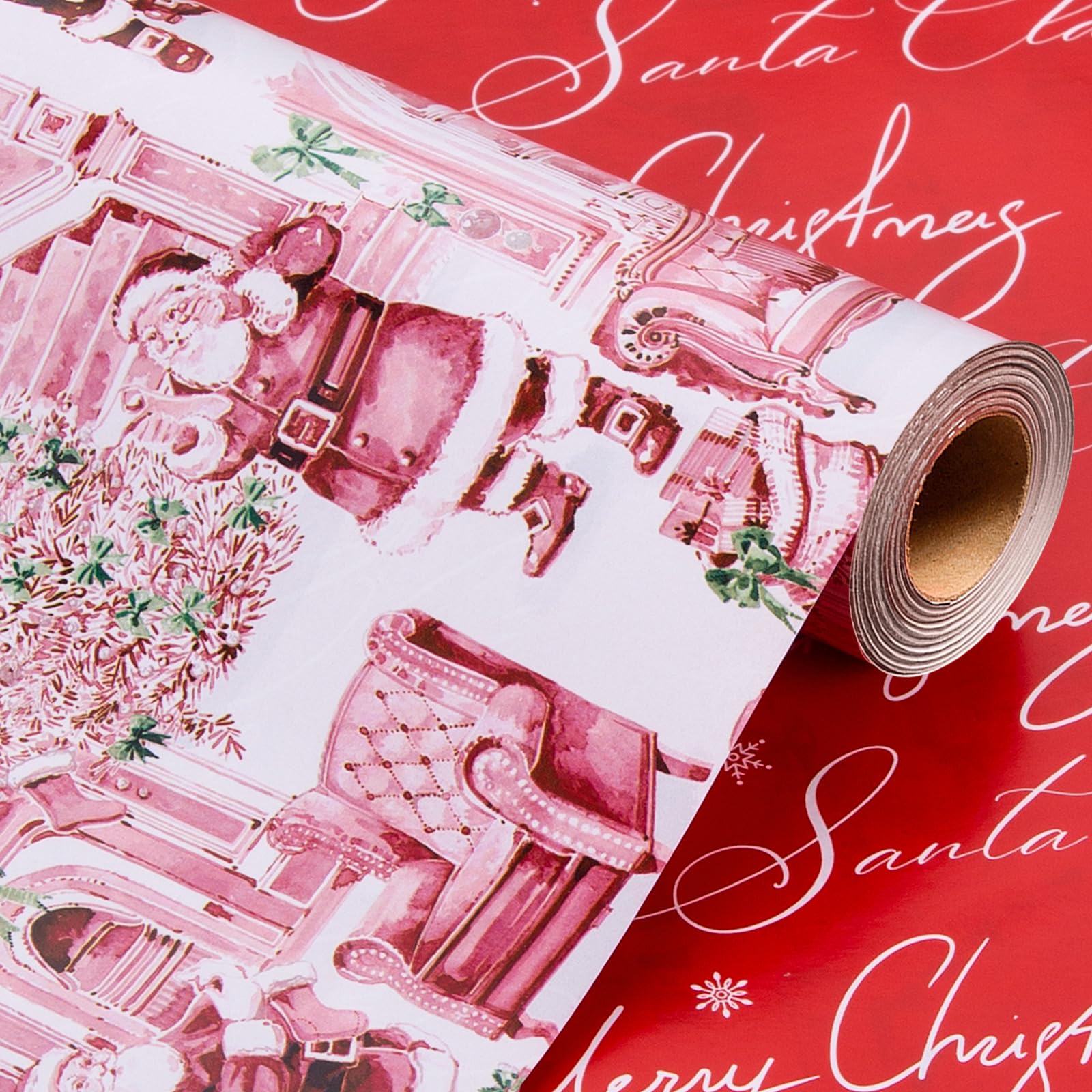Wikadlik Christmas Wrapping Paper - 43cm x 10m Vintage Luxurious Presents Packing Paper - Santa Claus/Couch/Tree/Bow Design โ image 1