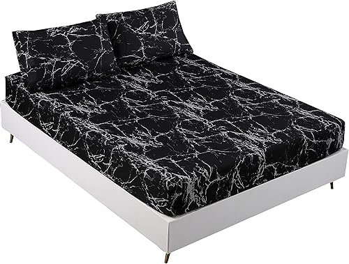 Miniatura 1 de MAG Juego de sábanas de microfibra súper suave de mármol negro, juego de sábanas de mármol incluye 1 sábana bajera con 2 fundas de almohada, 12