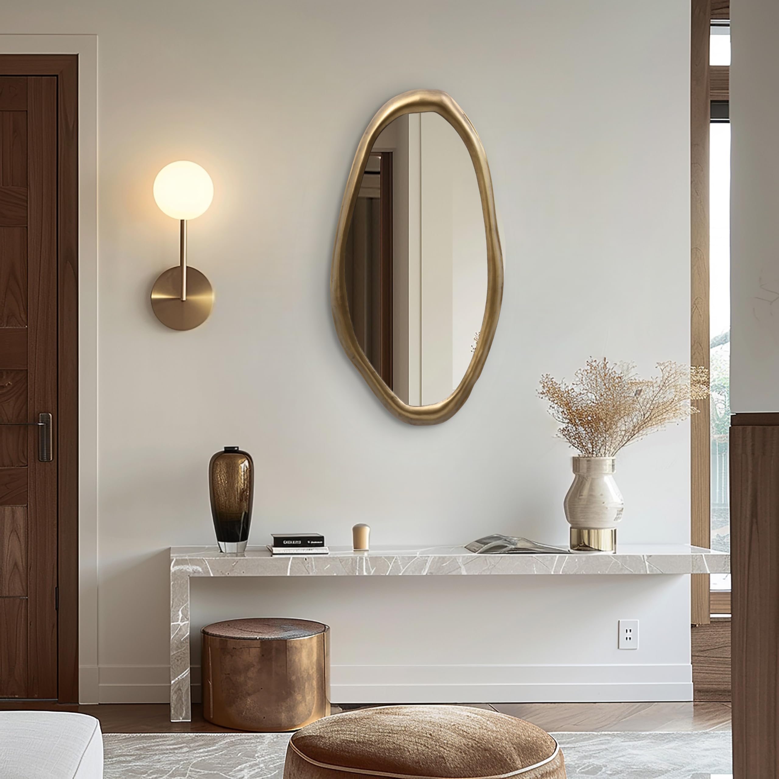 Hometopia Spiegel Asymmetrisch Gold 75x40 cm Dekorative Wandspiegel | Modern HD Spiegelglas Badspiegel mit Metallrahmen, Unregelmäßiger Spiegel für Flur Bad Badezimmer Schlafzimmer Wohnzimmer
