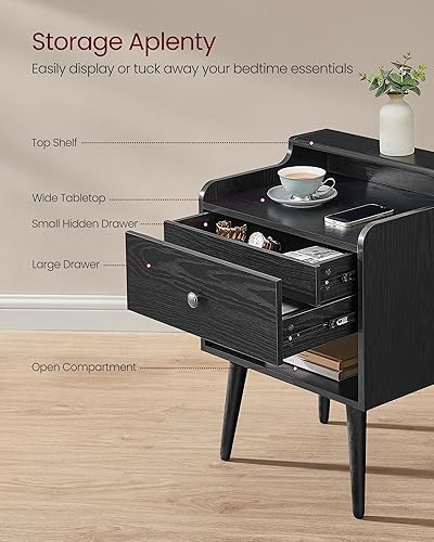 Miniatura 4 de VASAGLE Mesitas de noche, Juego de 2, Mesitas de noche con cajones ocultos, Mesas auxiliares de mediados de siglo con patas de madera maciza, para