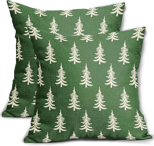 Juego de 2 fundas de almohada de Navidad de 18 x 18 pulgadas, color verde, estilo rústico, estampado de invierno, fundas de almohada decorativas