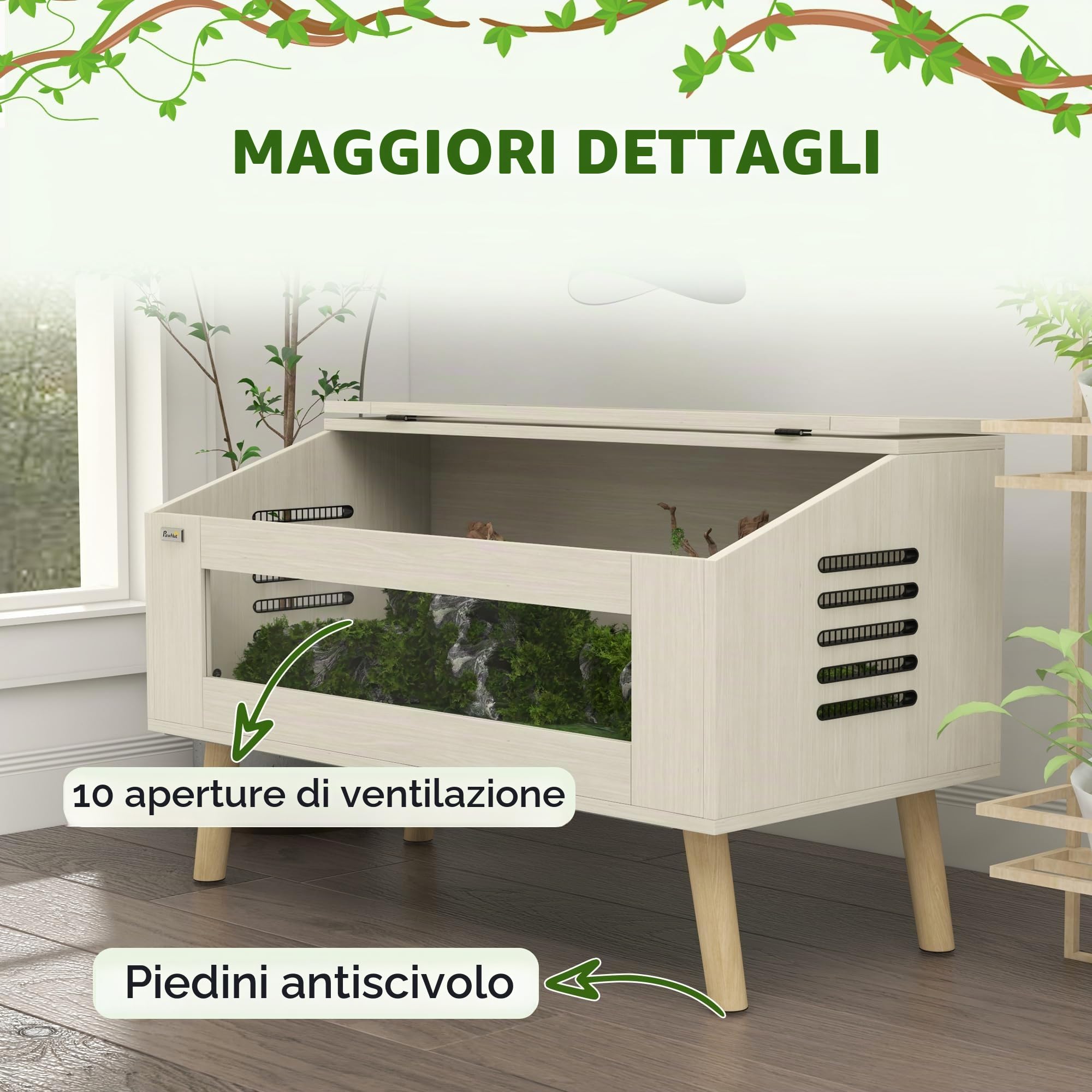 Terrario per rettili PawHut, cassetta di alimentazione per rettili 140L con finestre in vetro temperato, coperchio, zampe, cassetta di allevamento per rettili per anfibi, ragno, quercia, 100 x 50 x 60