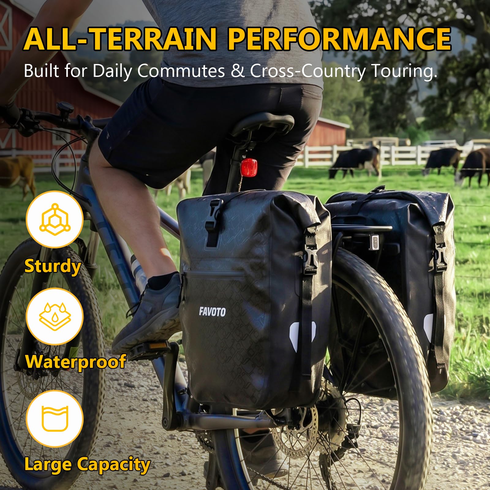 Favoto Borsa per Portapacchi Posteriore Bicicletta, Impermeabile Capacità 48L (2×24L), Design Riflettente, Sgancio Rapido, con Borsa Interna, Adatta per Bici Elettriche, Mountain Bike