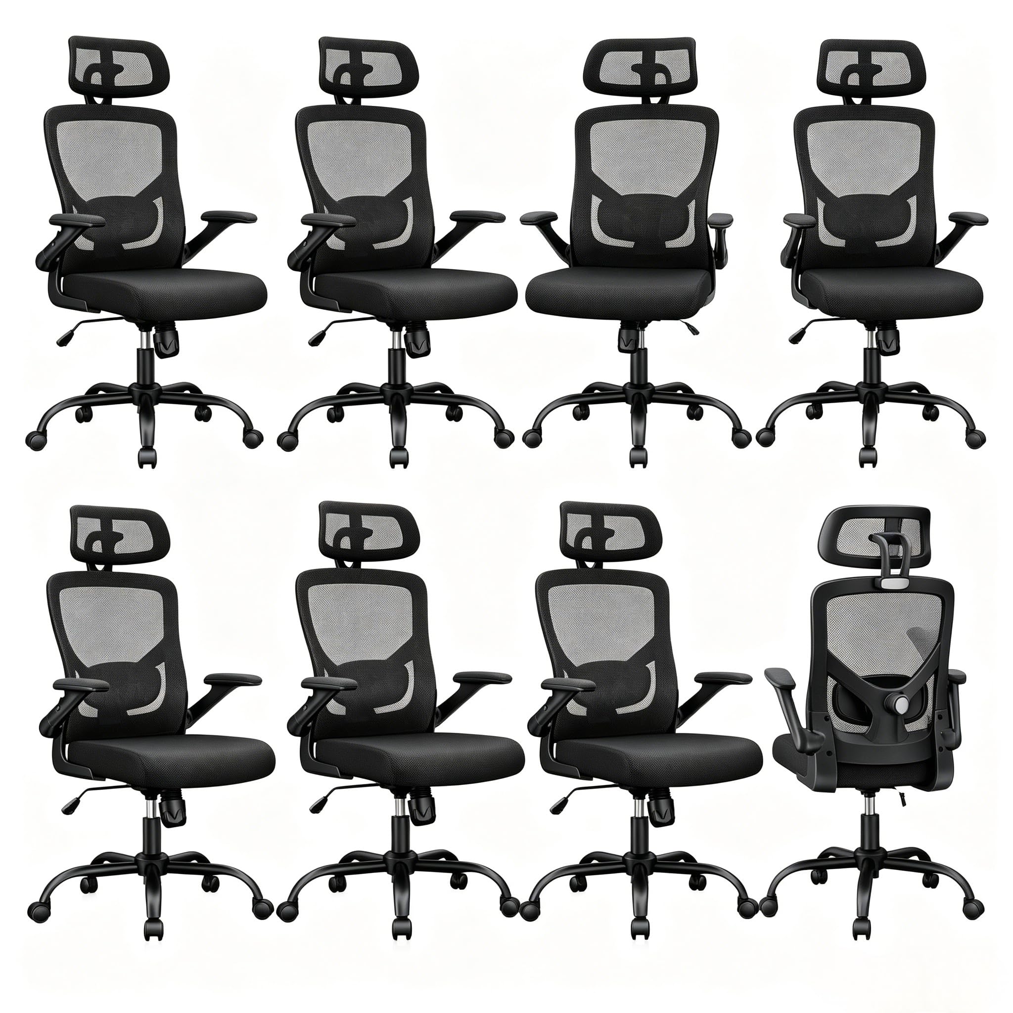 Marsail Ergonomic Mesh Office Chair High Back Desk Chair Adjustable Lumbar Support with Headrest Flip-Up Liftable Arms Swivel Computer Task Chair,8PCS