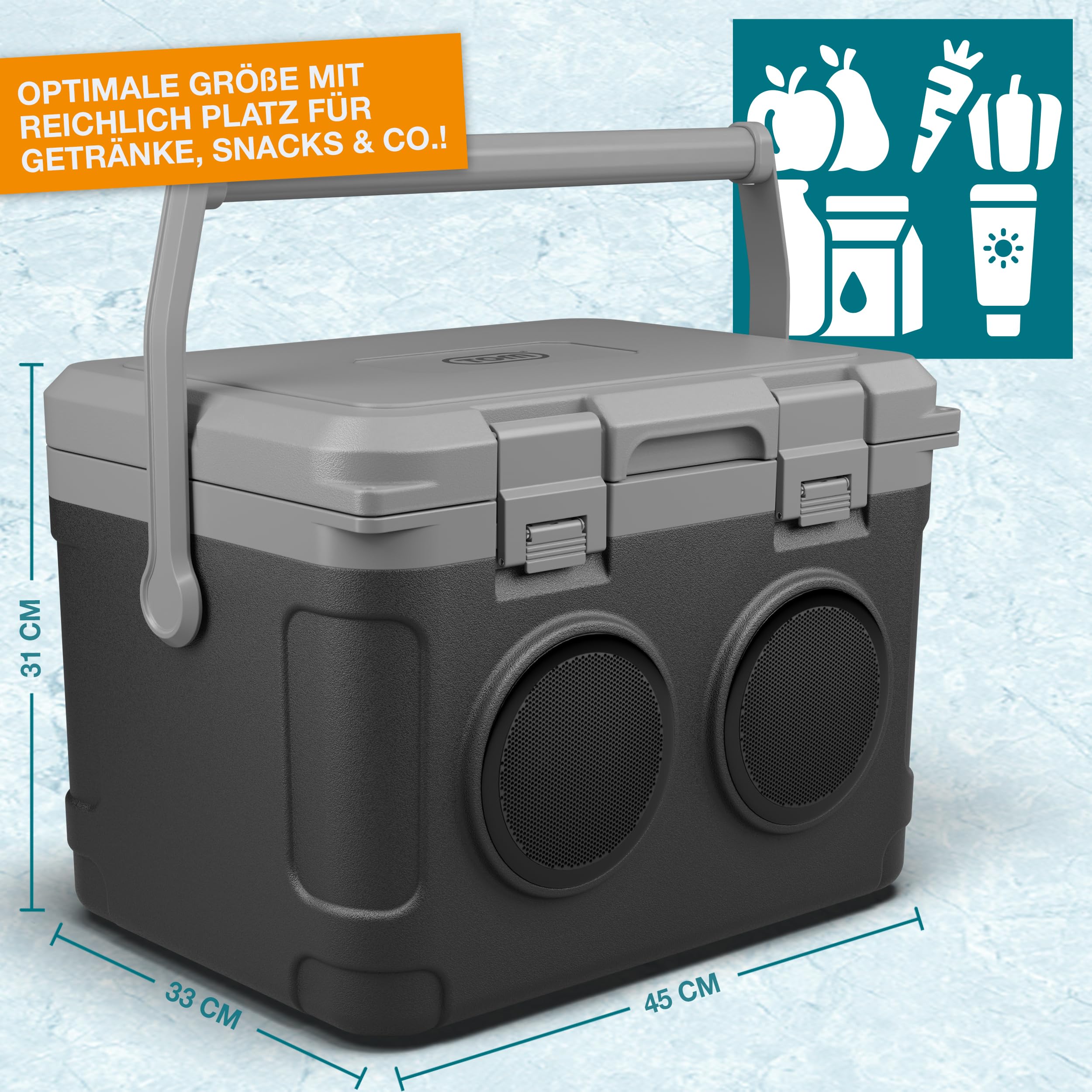 TOM 3in1 Musik Kühlbox 21l zum Kühlen, Warmhalten und Musik hören – mit Bluetooth Lautsprecher – Kühlen mit Kühlakkus – Mobile Kühlbox – für Auto, Camping, Wohnwagen & Co.