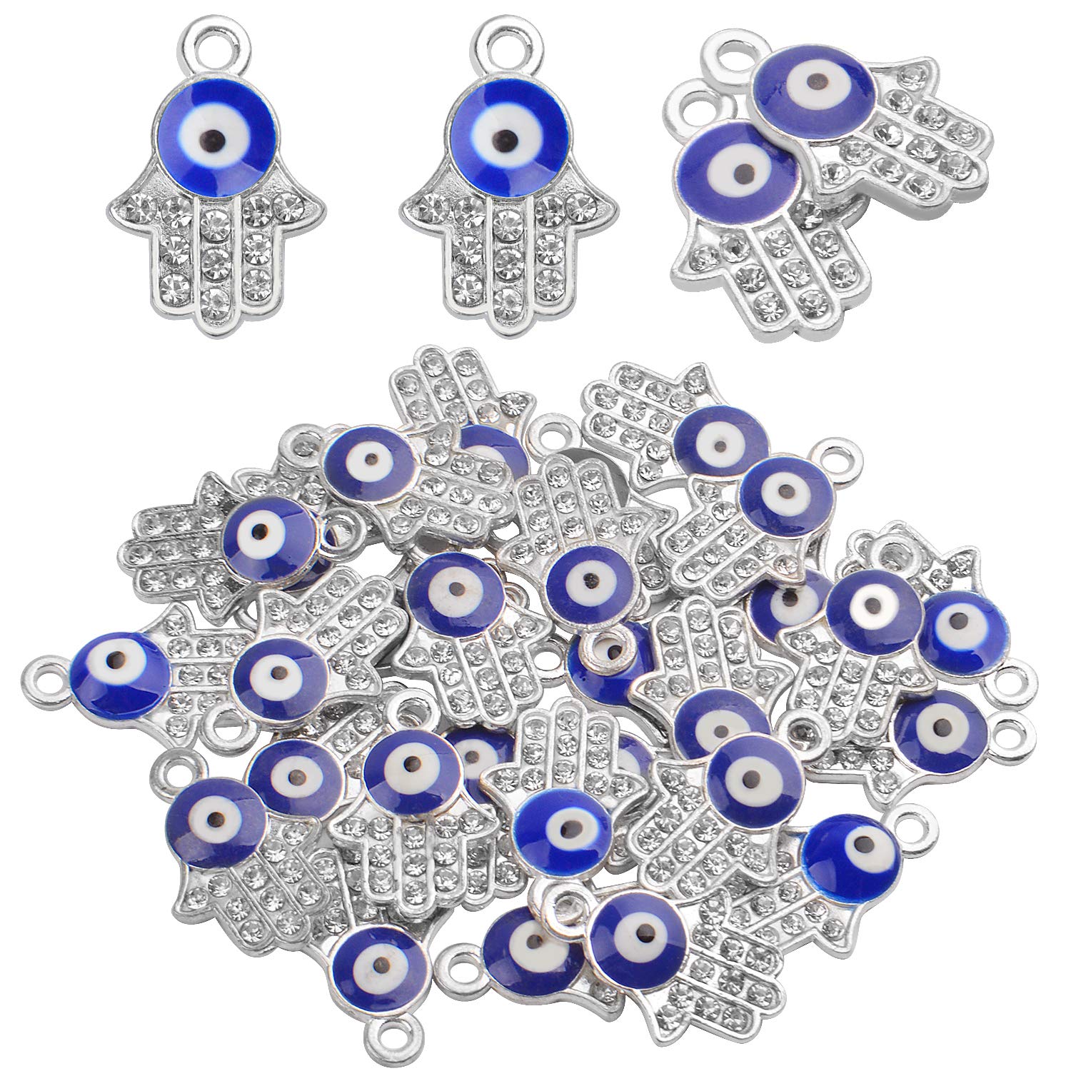 Aylifu 30pcs Hamsa Hand Evil Eye Charms Hand of Fatima Pendants Rhinestones Jewelry Making Findings for DIY Necklace Bracelet,Silver