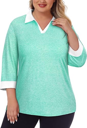 Koscacy Womens Plus Size Golf Polo Shirts 3/4 Sleeve Collared V Neck Tennis Workout Tops