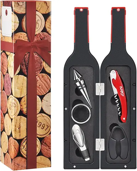 "Wine Accessories Gift Set: Opener, Stopper, Pourer, Foil Cutter, Stickers by Kato, Red - Great Valentine's Gift"