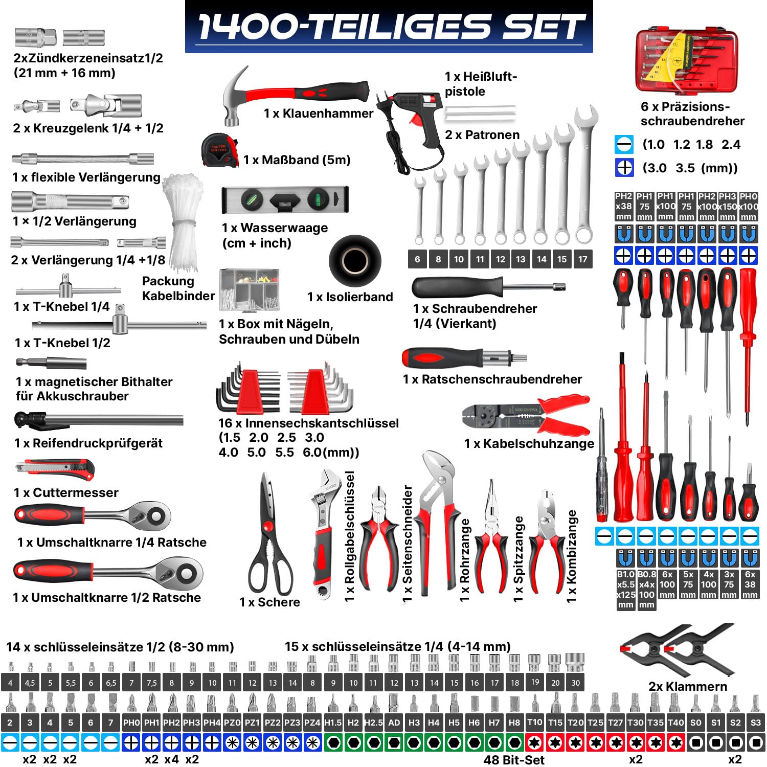 MASKO® Cassetta degli attrezzi portatile con utensili | 969 Pezzi Set di Attrezzi in Valigetta di Alluminio con Ruote per Fai da te | Cassetta porta attrezzi a mano | Strumenti professionali Nero