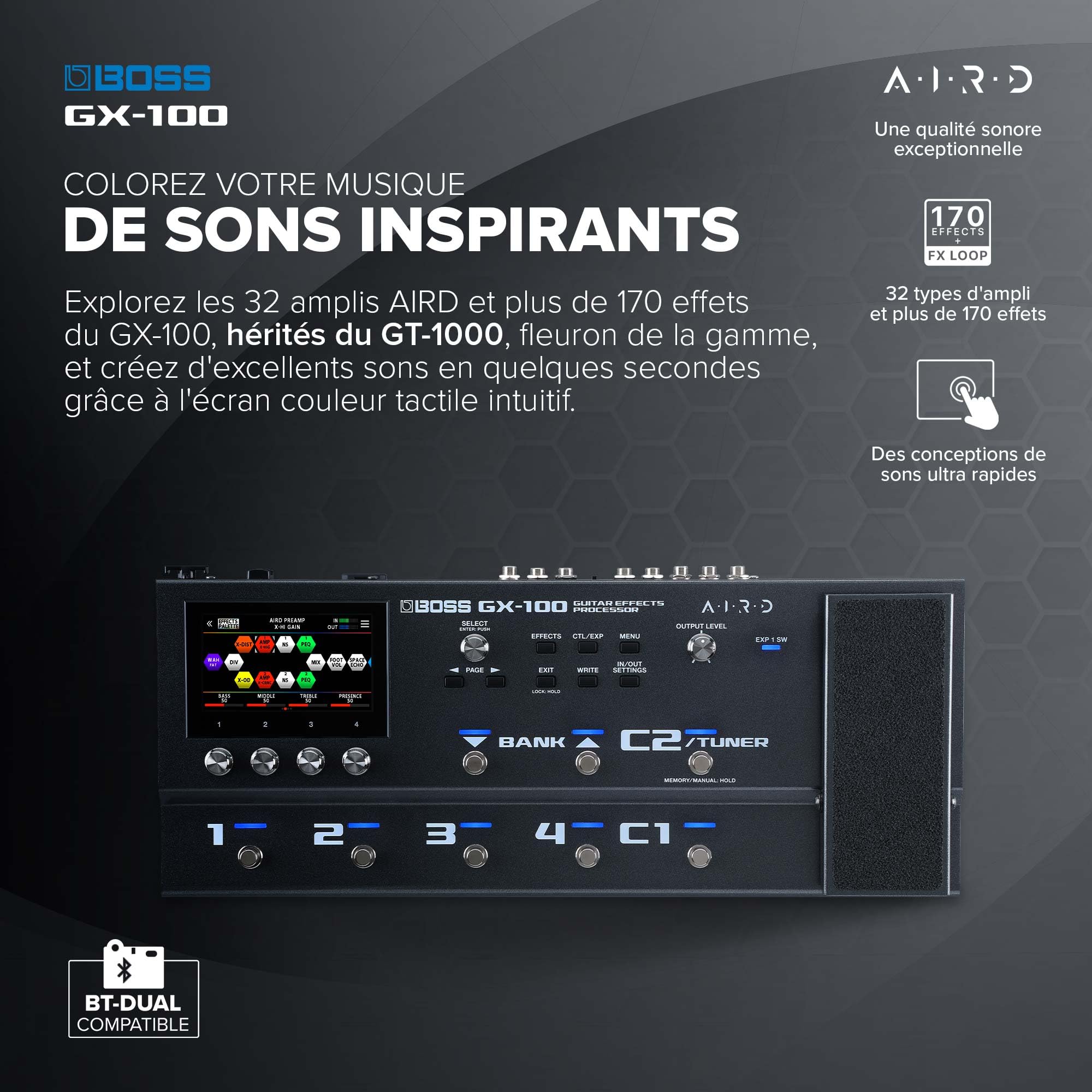 BOSS GX-100 | Processeur d'effets évolué pour guitare | Sons authentiques d'amplis à lampes grâce à la technologie AIRD | 32 types d'ampli et plus de 170 effets BOSS
