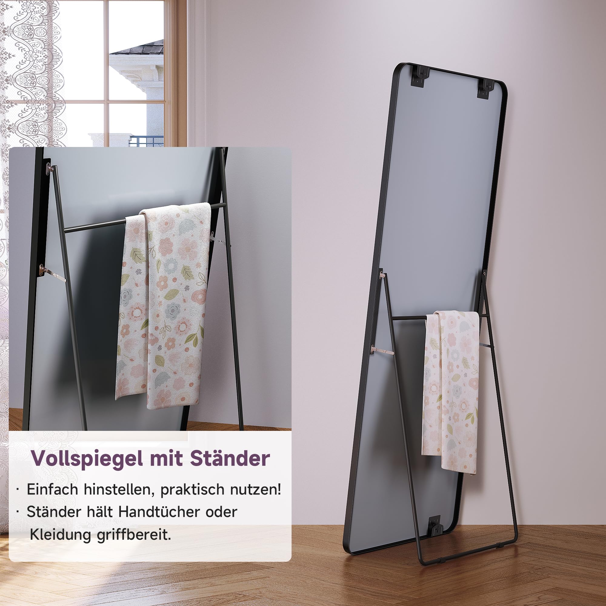 SONNI Ganzkörperspiegel 160 x60 cm mit Aluminium Rahmen - Schwarz, HD Spiegelglas, Wandmontage/Standfuß (kippsicher), Rechteckig Standspiegel für Schlafzimmer, Flur, Eingangsbereich